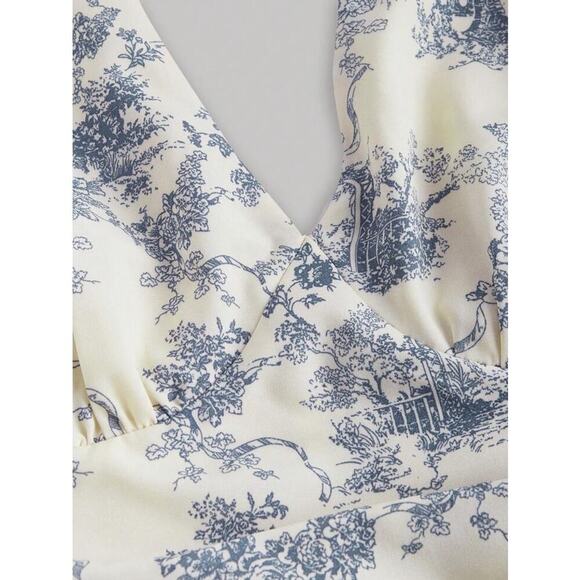 French Porcelain Print VTG Style Blue White Toile De Jouy Halter Dress Sz L - Picture 8 of 10